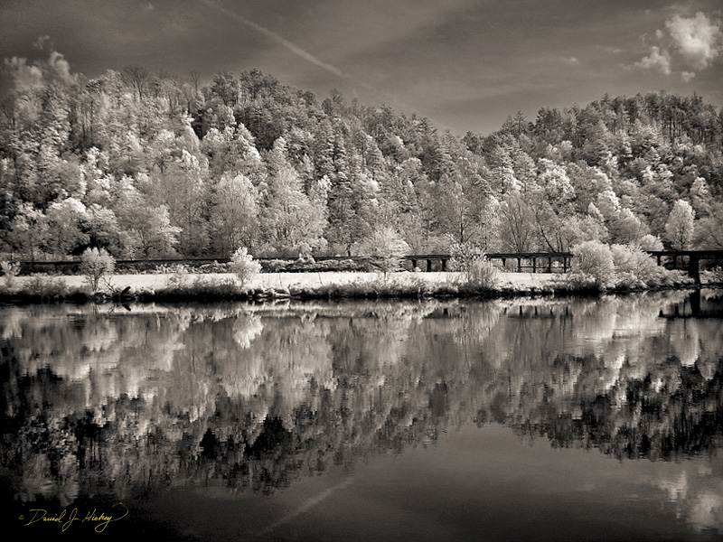 018 Hiwassee River Reflection II, Reliance, TN -- Infrared image of the river right behind the abandoned building.