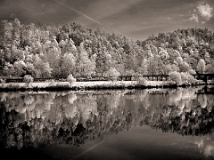 018 Hiwassee River Reflection II, Reliance, TN -- Infrared image of the river right behind the abandoned building.